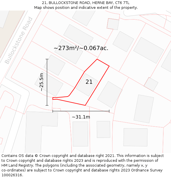 21, BULLOCKSTONE ROAD, HERNE BAY, CT6 7TL: Plot and title map