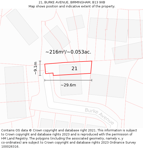 21, BURKE AVENUE, BIRMINGHAM, B13 9XB: Plot and title map