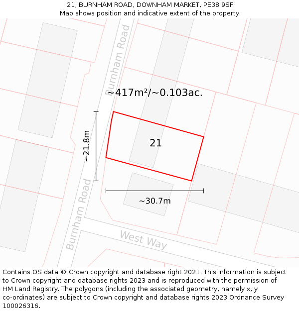 21, BURNHAM ROAD, DOWNHAM MARKET, PE38 9SF: Plot and title map