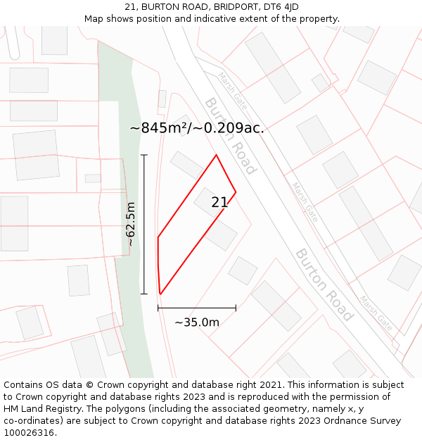 21, BURTON ROAD, BRIDPORT, DT6 4JD: Plot and title map