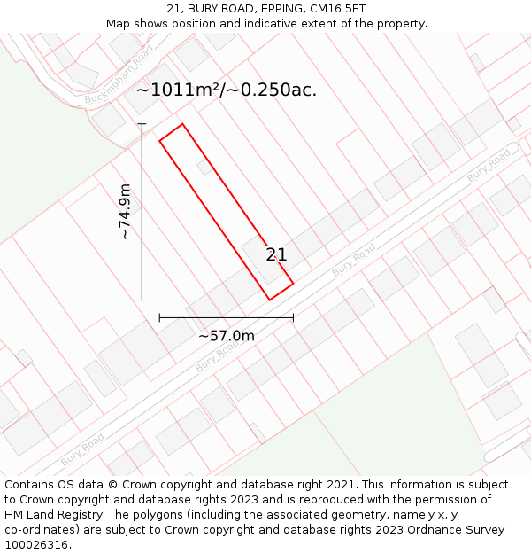 21, BURY ROAD, EPPING, CM16 5ET: Plot and title map