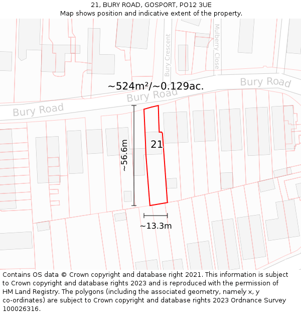 21, BURY ROAD, GOSPORT, PO12 3UE: Plot and title map