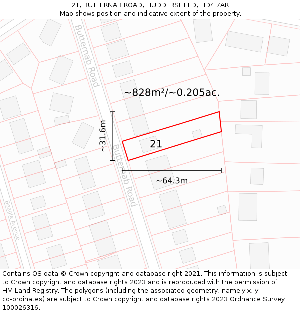 21, BUTTERNAB ROAD, HUDDERSFIELD, HD4 7AR: Plot and title map