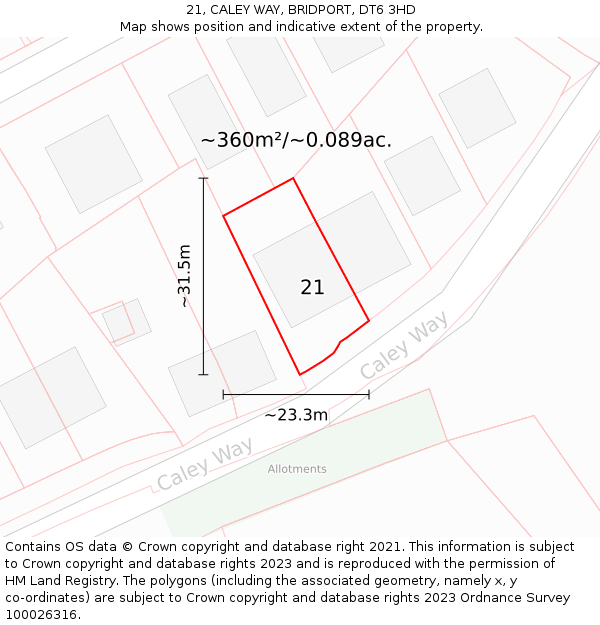 21, CALEY WAY, BRIDPORT, DT6 3HD: Plot and title map