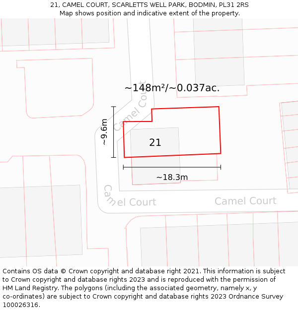 21, CAMEL COURT, SCARLETTS WELL PARK, BODMIN, PL31 2RS: Plot and title map
