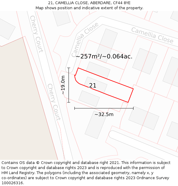 21, CAMELLIA CLOSE, ABERDARE, CF44 8YE: Plot and title map