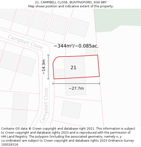 21, CAMPBELL CLOSE, BUNTINGFORD, SG9 9BY: Plot and title map