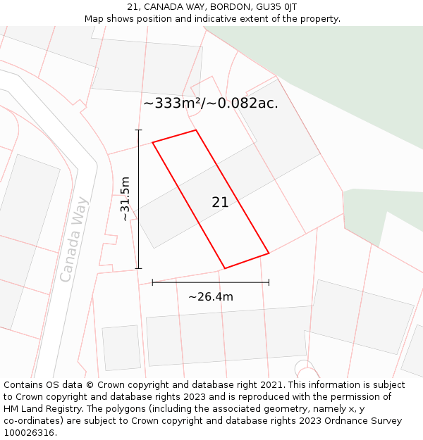 21, CANADA WAY, BORDON, GU35 0JT: Plot and title map