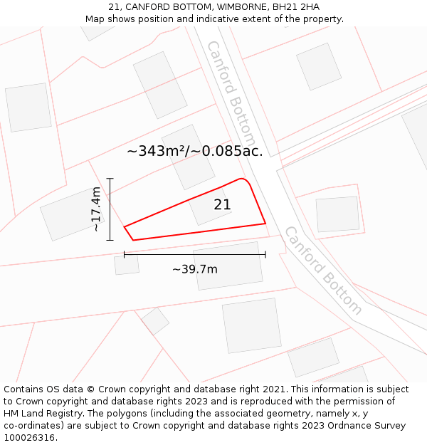 21, CANFORD BOTTOM, WIMBORNE, BH21 2HA: Plot and title map