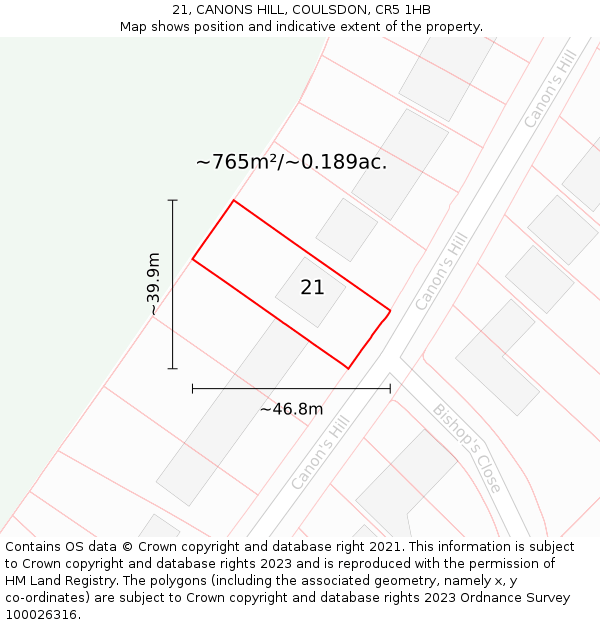 21, CANONS HILL, COULSDON, CR5 1HB: Plot and title map