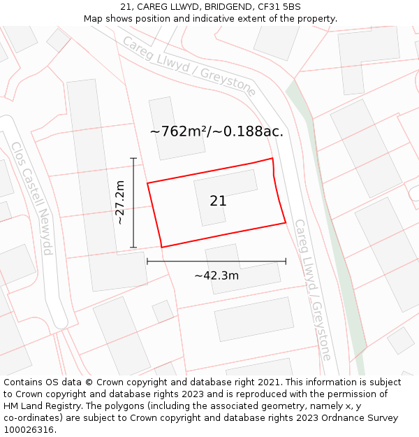 21, CAREG LLWYD, BRIDGEND, CF31 5BS: Plot and title map