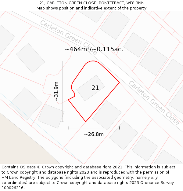 21, CARLETON GREEN CLOSE, PONTEFRACT, WF8 3NN: Plot and title map