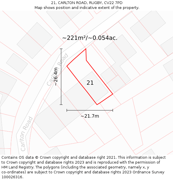 21, CARLTON ROAD, RUGBY, CV22 7PD: Plot and title map