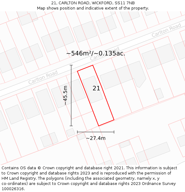 21, CARLTON ROAD, WICKFORD, SS11 7NB: Plot and title map