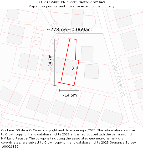 21, CARMARTHEN CLOSE, BARRY, CF62 9AS: Plot and title map
