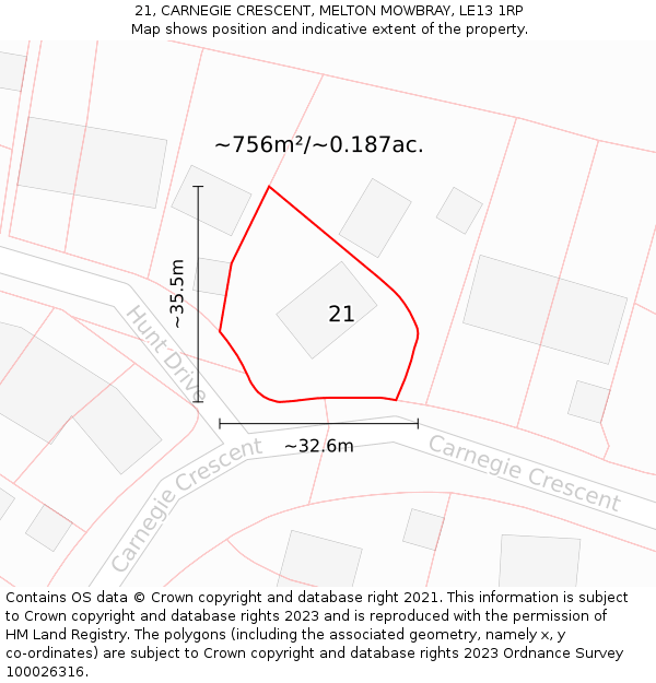 21, CARNEGIE CRESCENT, MELTON MOWBRAY, LE13 1RP: Plot and title map