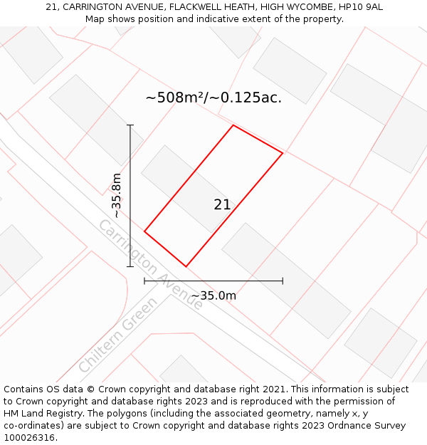 21, CARRINGTON AVENUE, FLACKWELL HEATH, HIGH WYCOMBE, HP10 9AL: Plot and title map