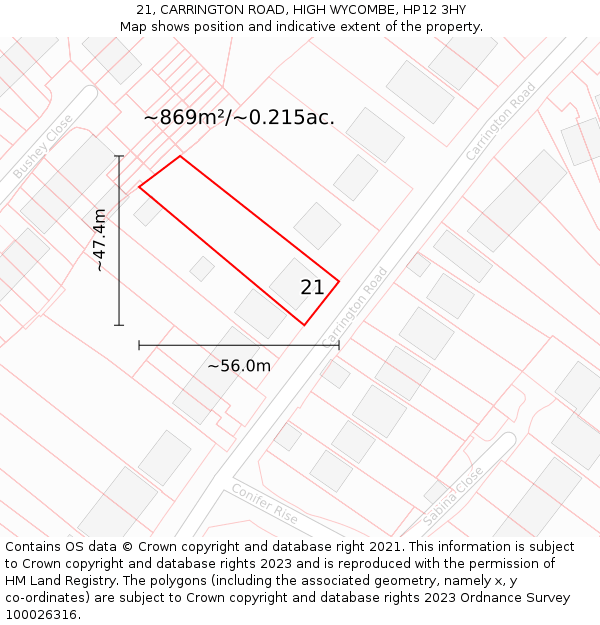 21, CARRINGTON ROAD, HIGH WYCOMBE, HP12 3HY: Plot and title map