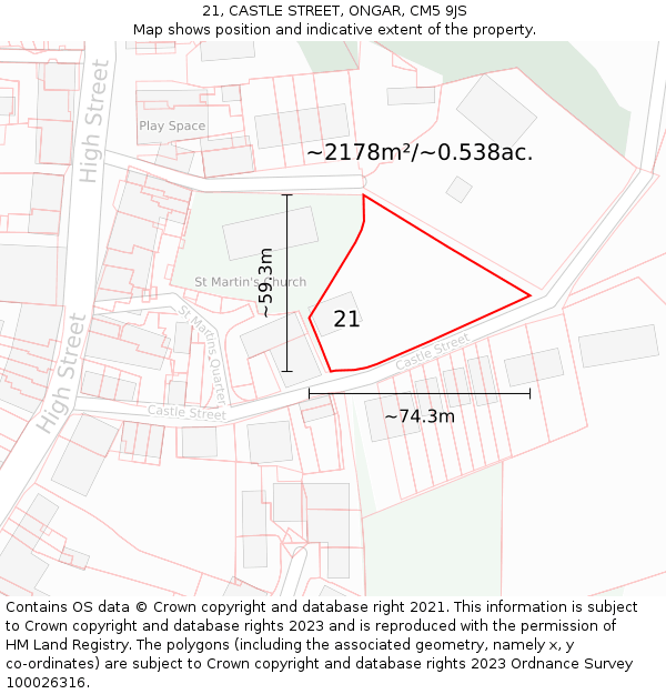 21, CASTLE STREET, ONGAR, CM5 9JS: Plot and title map