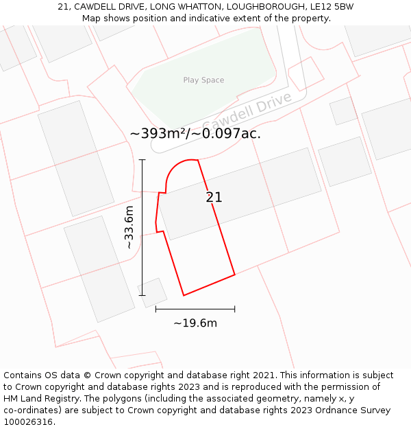 21, CAWDELL DRIVE, LONG WHATTON, LOUGHBOROUGH, LE12 5BW: Plot and title map