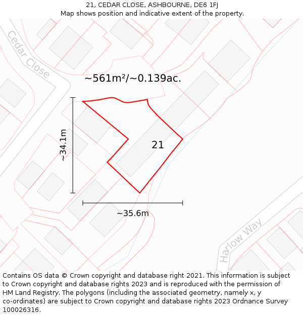 21, CEDAR CLOSE, ASHBOURNE, DE6 1FJ: Plot and title map