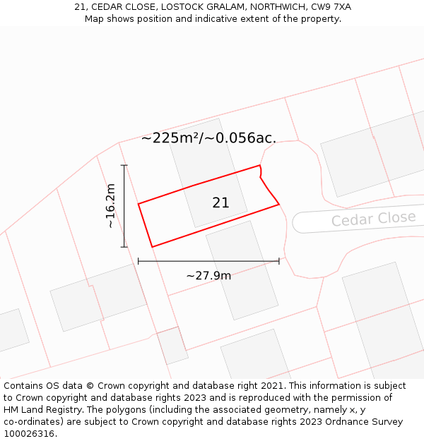 21, CEDAR CLOSE, LOSTOCK GRALAM, NORTHWICH, CW9 7XA: Plot and title map