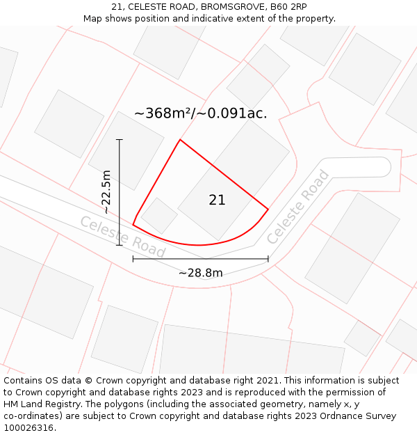 21, CELESTE ROAD, BROMSGROVE, B60 2RP: Plot and title map