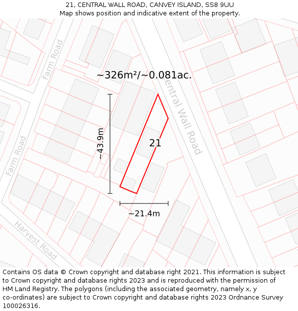 21, CENTRAL WALL ROAD, CANVEY ISLAND, SS8 9UU: Plot and title map