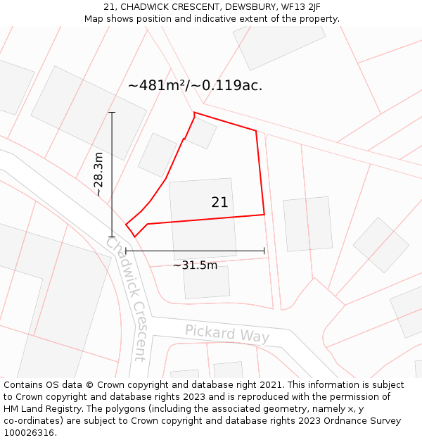 21, CHADWICK CRESCENT, DEWSBURY, WF13 2JF: Plot and title map