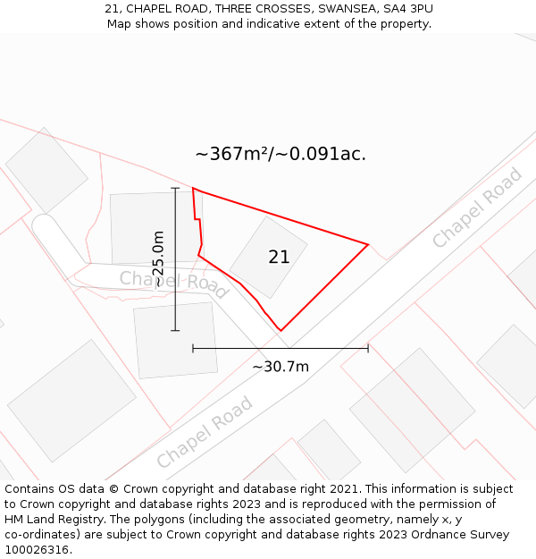 21, CHAPEL ROAD, THREE CROSSES, SWANSEA, SA4 3PU: Plot and title map