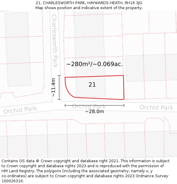 21, CHARLESWORTH PARK, HAYWARDS HEATH, RH16 3JG: Plot and title map