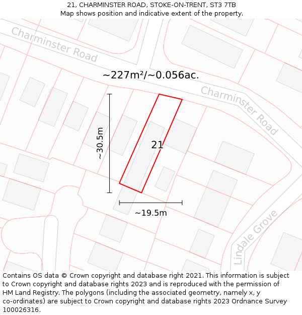 21, CHARMINSTER ROAD, STOKE-ON-TRENT, ST3 7TB: Plot and title map