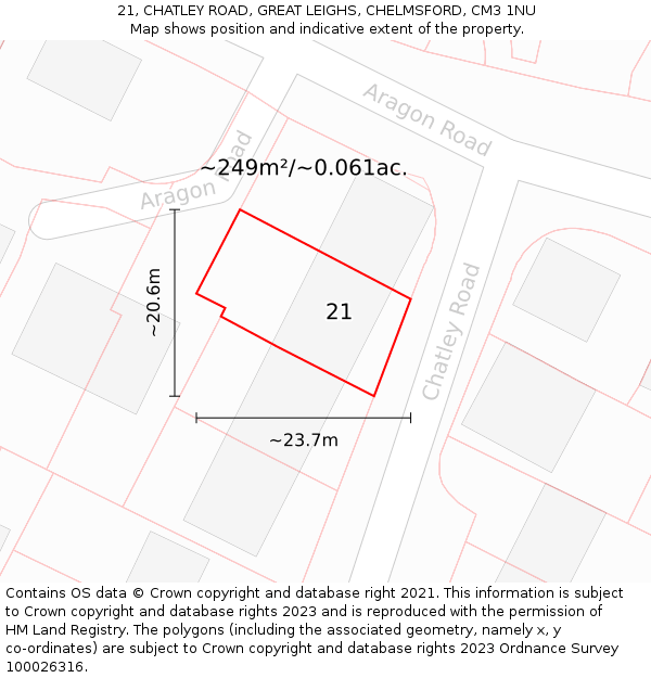 21, CHATLEY ROAD, GREAT LEIGHS, CHELMSFORD, CM3 1NU: Plot and title map