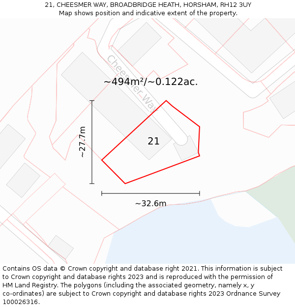 21, CHEESMER WAY, BROADBRIDGE HEATH, HORSHAM, RH12 3UY: Plot and title map