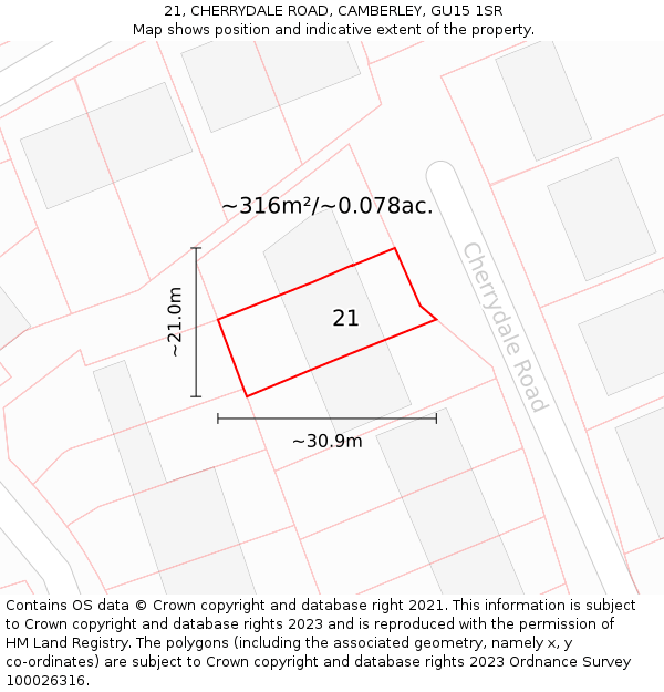 21, CHERRYDALE ROAD, CAMBERLEY, GU15 1SR: Plot and title map