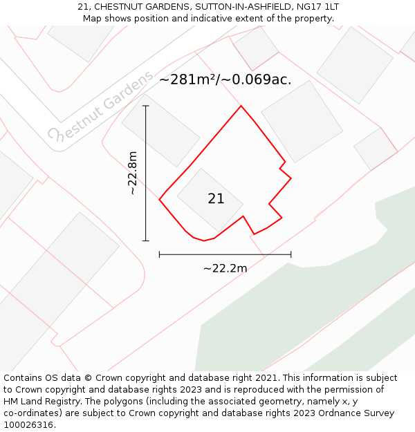 21, CHESTNUT GARDENS, SUTTON-IN-ASHFIELD, NG17 1LT: Plot and title map