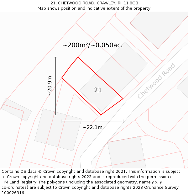 21, CHETWOOD ROAD, CRAWLEY, RH11 8GB: Plot and title map