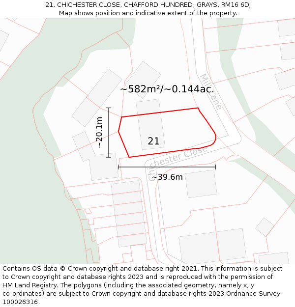 21, CHICHESTER CLOSE, CHAFFORD HUNDRED, GRAYS, RM16 6DJ: Plot and title map