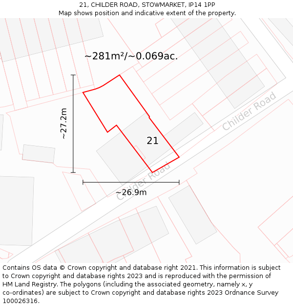 21, CHILDER ROAD, STOWMARKET, IP14 1PP: Plot and title map