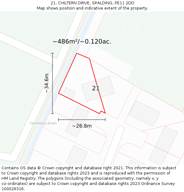 21, CHILTERN DRIVE, SPALDING, PE11 2DD: Plot and title map