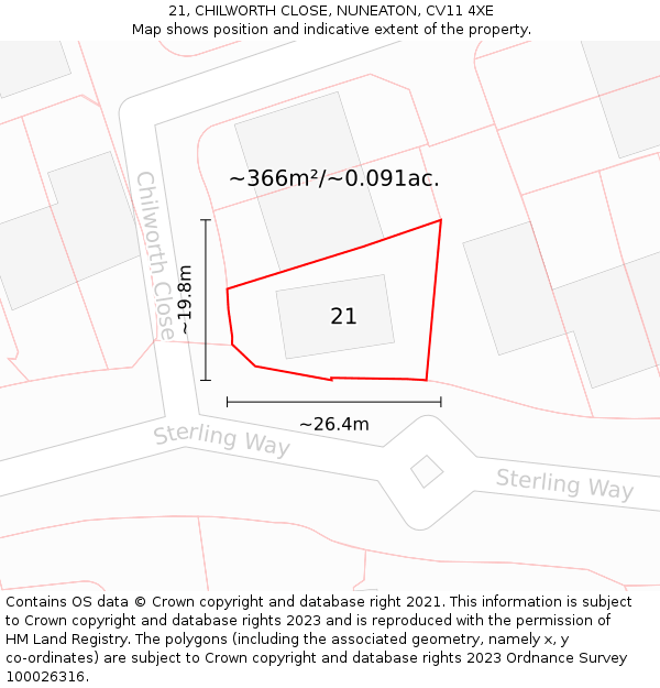 21, CHILWORTH CLOSE, NUNEATON, CV11 4XE: Plot and title map