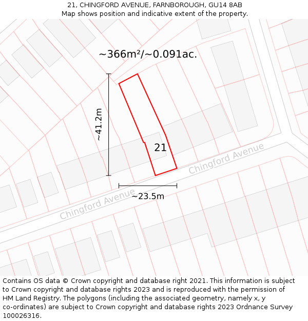 21, CHINGFORD AVENUE, FARNBOROUGH, GU14 8AB: Plot and title map