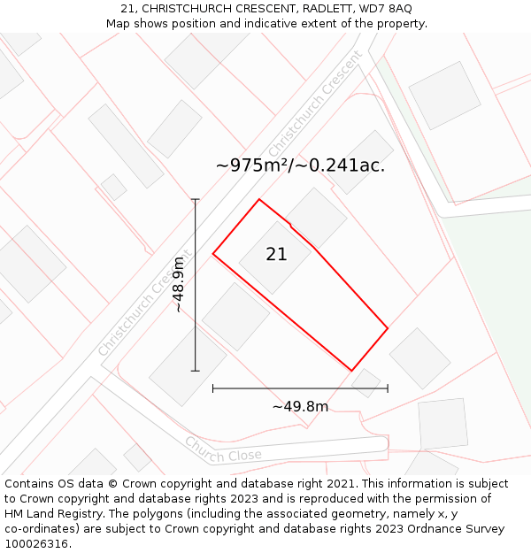 21, CHRISTCHURCH CRESCENT, RADLETT, WD7 8AQ: Plot and title map