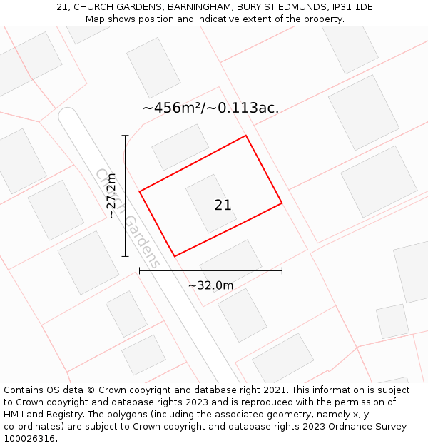 21, CHURCH GARDENS, BARNINGHAM, BURY ST EDMUNDS, IP31 1DE: Plot and title map