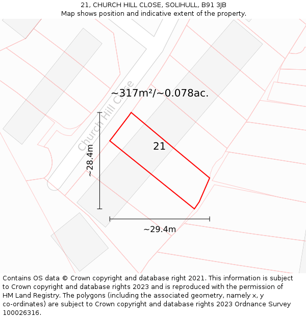 21, CHURCH HILL CLOSE, SOLIHULL, B91 3JB: Plot and title map