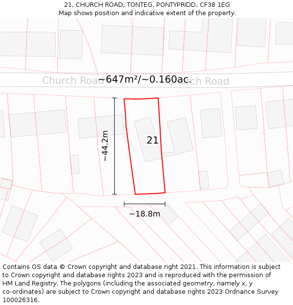 21, CHURCH ROAD, TONTEG, PONTYPRIDD, CF38 1EG: Plot and title map