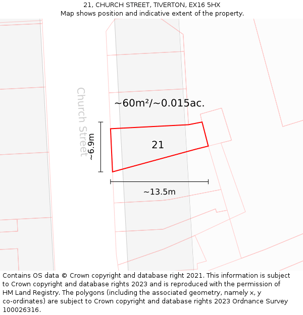 21, CHURCH STREET, TIVERTON, EX16 5HX: Plot and title map