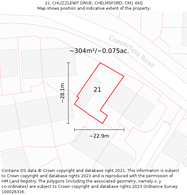 21, CHUZZLEWIT DRIVE, CHELMSFORD, CM1 4XQ: Plot and title map