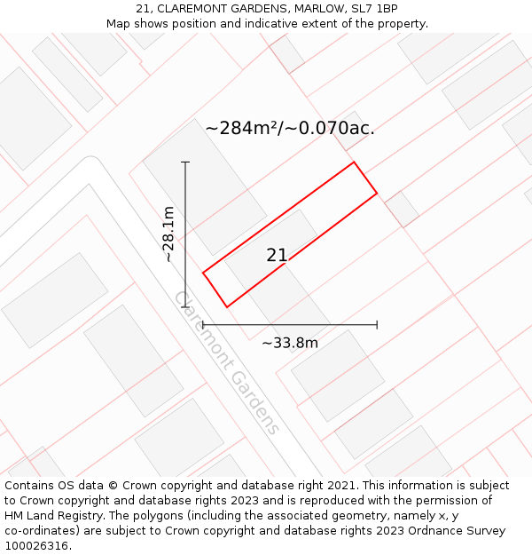 21, CLAREMONT GARDENS, MARLOW, SL7 1BP: Plot and title map