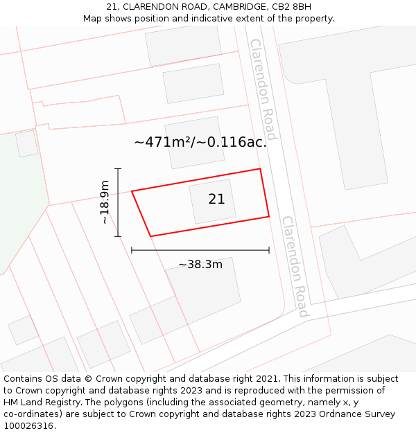 21, CLARENDON ROAD, CAMBRIDGE, CB2 8BH: Plot and title map